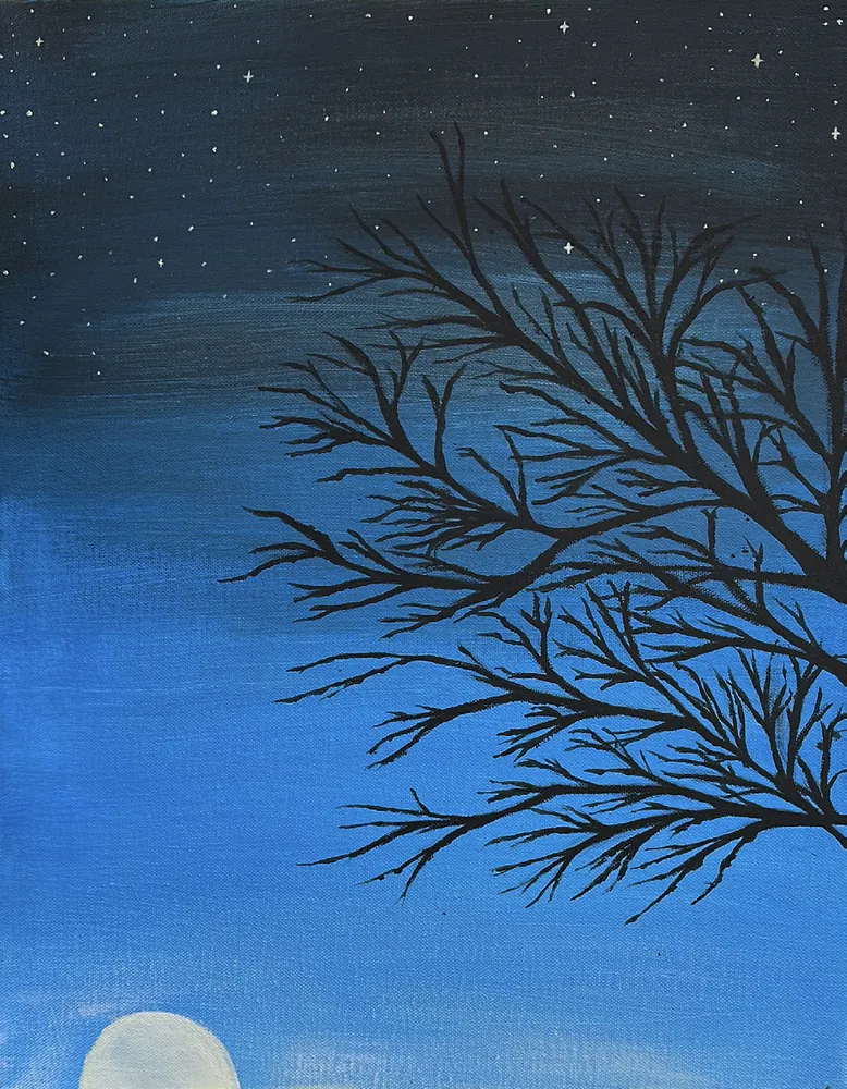Acrylbild: kahler Baum vor blauem Nachthimmel mit Mond