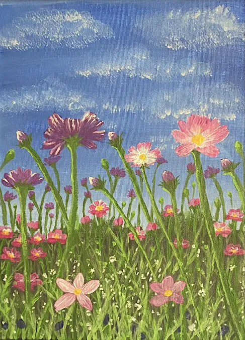 Acrylbild einer Blumenwiese unter Wolkenhimmel